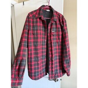 Columbia Omni-Wick Fleece Lined Mens Red Gray Plaid Flannel Shirt Shacket Medium